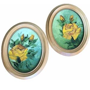 1978 Yellow Roses Impasto Floral Painting Oval Wood Frames 10 X 8” Signed